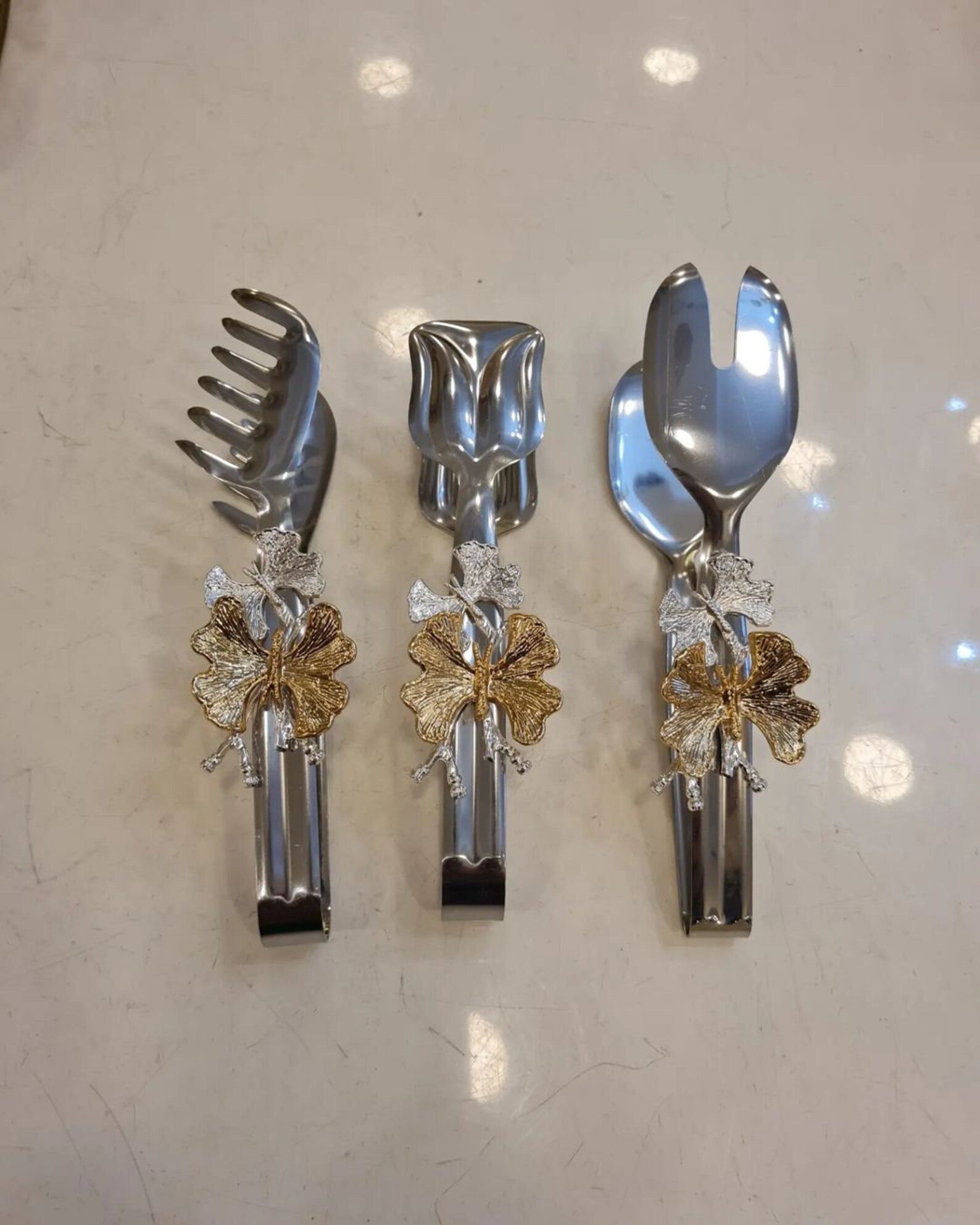 Gold Butterfly Motif 3-Piece Kitchen Tongs Set - Elegant Cooking Utensils - Image 2
